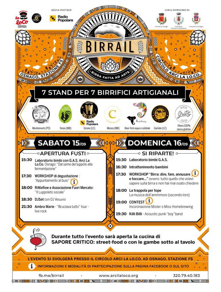 Programma completo e orari. Birrail - Birra fatta ad arte 2018 Arci La Lo Co Osnago 15 16 settembre