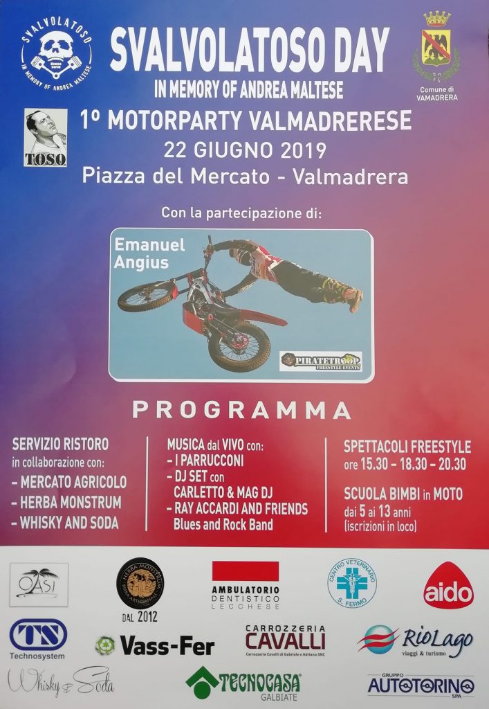 SVALVOLATOSO DAY, Valmadrera. Sabato 22 giugno 2019, in Piazza del Mercato a Valmadrera PRIMO Motorparty Valmadrerese in memoria di Andrea Maltese. Birre artigianali alla spina di Herba Monstrum Brewery.